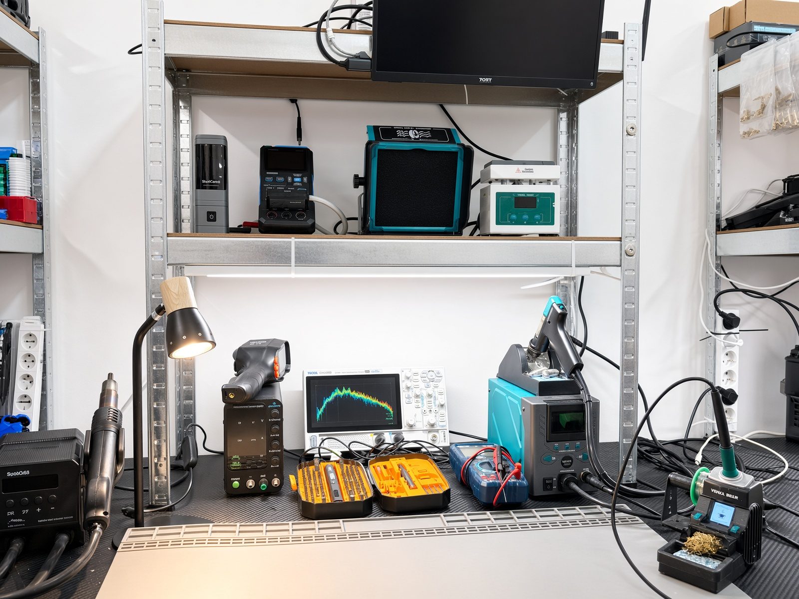 Le poste de micro-soudure du laboratoire : station à air chaud, oscilloscope, alimentation de laboratoire, caméra thermique et outillage de précision.